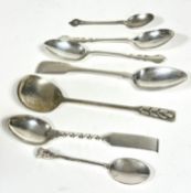 A collection of six various silver tea and coffee spoons and a Norwegian 830 standard rope twist