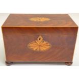 A Georgian mahogany veneered tea caddy on bun feet with inlaid escutcheon (h- 14cm, w- 21.5cm, d-