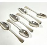 A pair of London silver Old English pattern table spoons, (L x 22cm) and four various George III