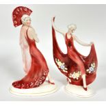 Katzhutte, two Art Deco porcelain figures, one with draped shawl holding a fan behind her head and