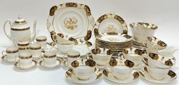 A mixed china tea service comprising black and gold Standard China with arts and crafts style