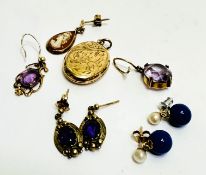 A pair of 9ct gold Victorian style oval Amethyst earrings, a pair of Lapis Lazuli ball and
