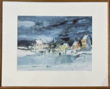 Unknown artist (Savery?), framed German calendar for December of a village ice rink scene in a