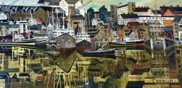 Mary Batchelor (Scottish, 1944-2017) composition oil on board of Leith Docks with boats,