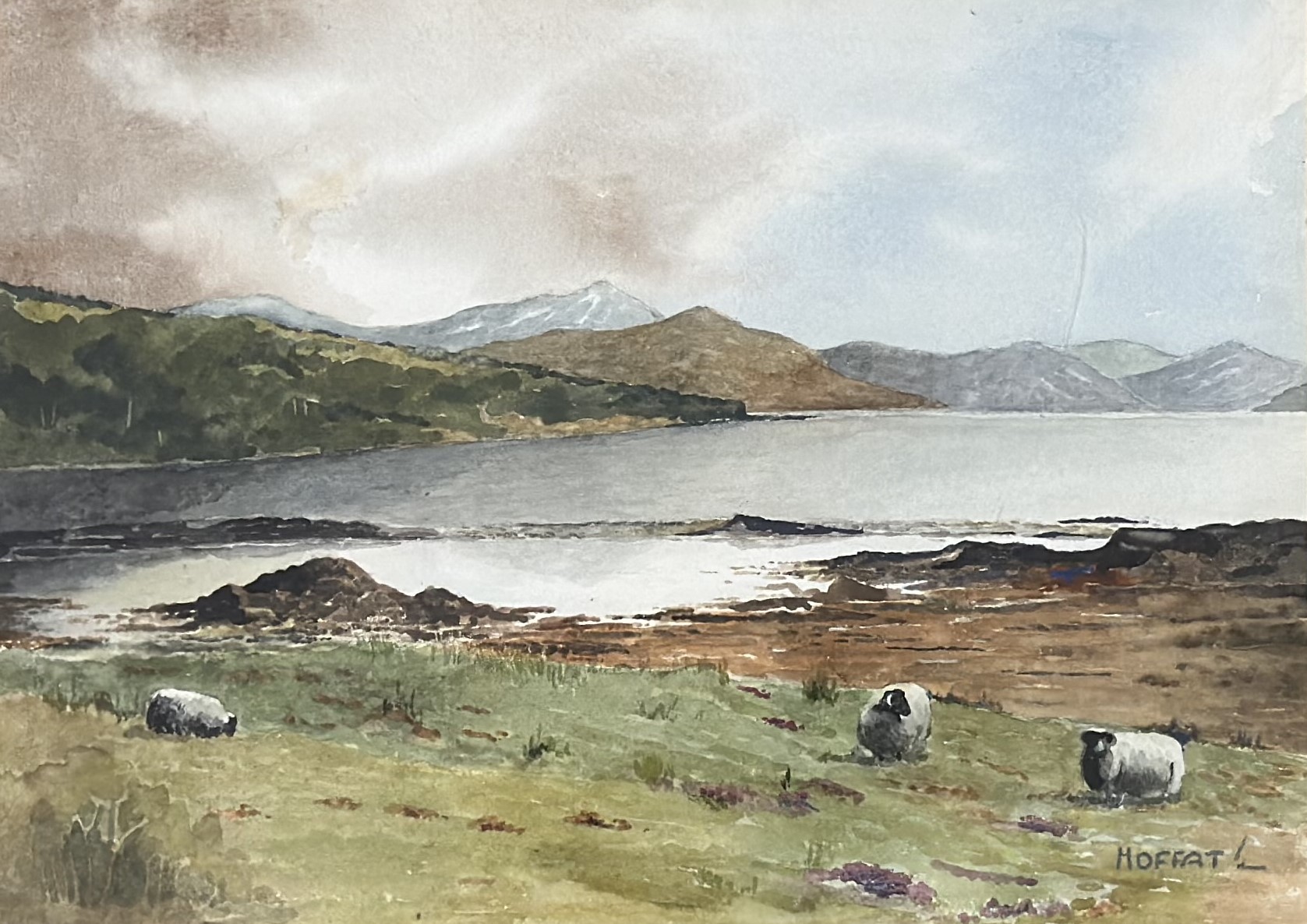 Moffat, Loch scene with sheep, watercolour in a black wooden glazed mounted frame, signed bottom