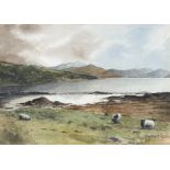 Moffat, Loch scene with sheep, watercolour in a black wooden glazed mounted frame, signed bottom