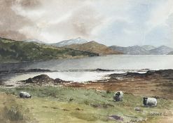 Moffat, Loch scene with sheep, watercolour in a black wooden glazed mounted frame, signed bottom
