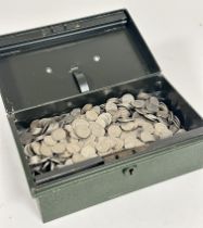 A tin cash box with a large collection of Elizabeth II six pence pieces. (A Lot) 4819g