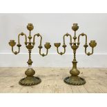 A pair of Aesthetic period gilt brass three branch chandeliers H37cm