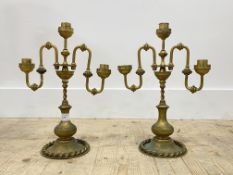 A pair of Aesthetic period gilt brass three branch chandeliers H37cm