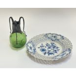 A Meissen blue and white blue onion reticulated plate (w- 24cm) (marked verso) and a Art Nouveau