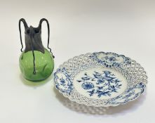A Meissen blue and white blue onion reticulated plate (w- 24cm) (marked verso) and a Art Nouveau