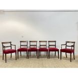 A set of six (4+2) Regency mahogany dining chairs, moulded crest rail and horizontal splat over