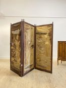 A late Victorian rosewood bi fold room screen, the channel moulded frame with ball finials enclosing