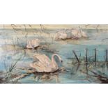 Evelyn Coote (Scottish), swans on a lake scene, oil on board, signed bottom right in gilt