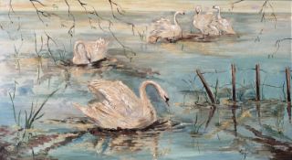 Evelyn Coote (Scottish), swans on a lake scene, oil on board, signed bottom right in gilt