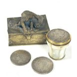 A Eastern miniature cast brass box with seated ape on top and sack, cover loose, (H x 7.5cm L x