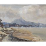 Gouzens, coastal scene with sailboats and figures, watercolour, signed and dated 1963 bottom right