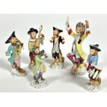 A 20thc porcelain Meissen style six piece Monkey band group of figures decorated with polychrome