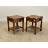 A pair of contemporary stained teak lamp tables ,with slatted frieze, raised on square section