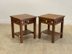 A pair of contemporary stained teak lamp tables ,with slatted frieze, raised on square section