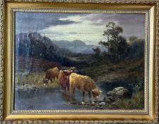 C.Waswald, Scottish continental highland cow river scene, oil on canvas (signed bottom left) in a