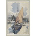 Dixon, docked sailboat with figures scene, watercolour, signed bottom right in a wooden glazed frame