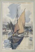 Dixon, docked sailboat with figures scene, watercolour, signed bottom right in a wooden glazed frame