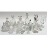 A collection of various crystal/glass comprising six decanters, a vase (h-14cm), two large short