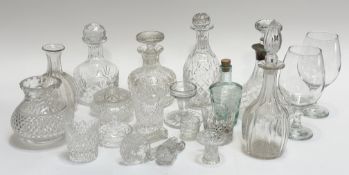 A collection of various crystal/glass comprising six decanters, a vase (h-14cm), two large short