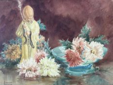 Evelyn Brown (Scottish, fl. early 20thc, Incense, Still Life with Chinese Figure and Dahlias, signed