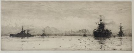 W.L.Wyllie, dry point of battle ships on the coastline, signed pencil bottom left in a gilt glazed