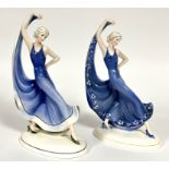 Katzhutte, a pair of Art Deco porcelain dancing figures, each with left arm holding the hem of their