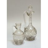 An Edwardian wine ewer with etched fern decorated thumb cut neck with original etched stopper (h-