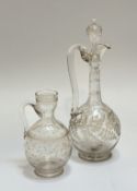 An Edwardian wine ewer with etched fern decorated thumb cut neck with original etched stopper (h-