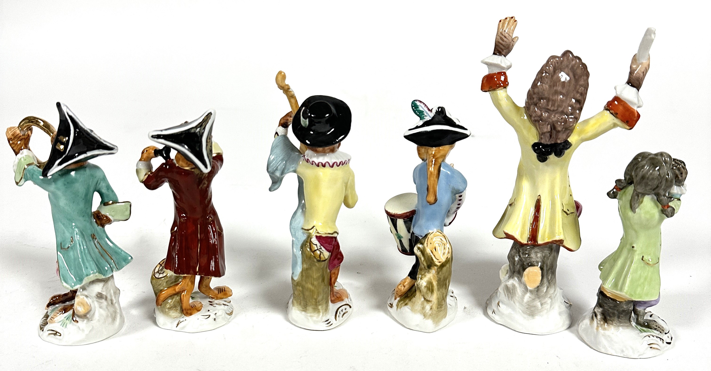 A 20thc porcelain Meissen style six piece Monkey band group of figures decorated with polychrome - Image 3 of 4