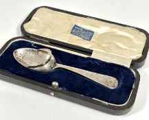 A unusual Edwardian Sheffield silver baby's Christening feeding spoon with collared lip to back,