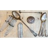 A mixed group of silver plated/pewter items comprising four silver plated serving spoons with half/