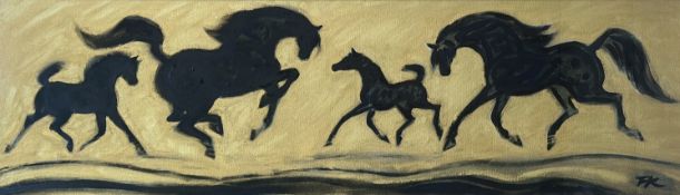 Terry Baron Kirkwood (Scottish) Mares and Foals, oil on gilt coloured canvas,signed bottom right