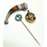 A Edwardian yellow metal stick pin with circular top set turquoise beads, one missing, A Scottish