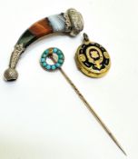 A Edwardian yellow metal stick pin with circular top set turquoise beads, one missing, A Scottish