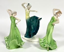 Katzhutte, a group of three porcelain Art Deco dancing figures in green evening dresses, one with