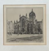 J.W. King lithograph of St Giles Cathedral, Edinburgh, signed pencil bottom right in a gilt wooden
