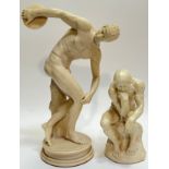 A large resin marble-effect classical-style 'Discobolo' figure (h- 40cm), together with another