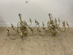 A near pair of Dutch style gilt brass twelve branch chandeliers H79cm