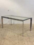 A contemporary chrome dining table, with glass top on box section supports H75cm, W160cm, D80cm
