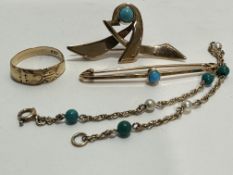 A 18ct gold chased ring, N 2.8g, a yellow metal ribbon style brooch set turquoise, (L x 4.5cm), a