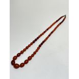 A dark and honey coloured graduated amber bead necklace, (L x 37cm), largest bed 2cm , smallest 0.