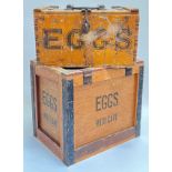 Two wooden egg crates/ovifers with printed text and iron hinges/handles (largest h- 32cm, w-