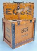 Two wooden egg crates/ovifers with printed text and iron hinges/handles (largest h- 32cm, w-